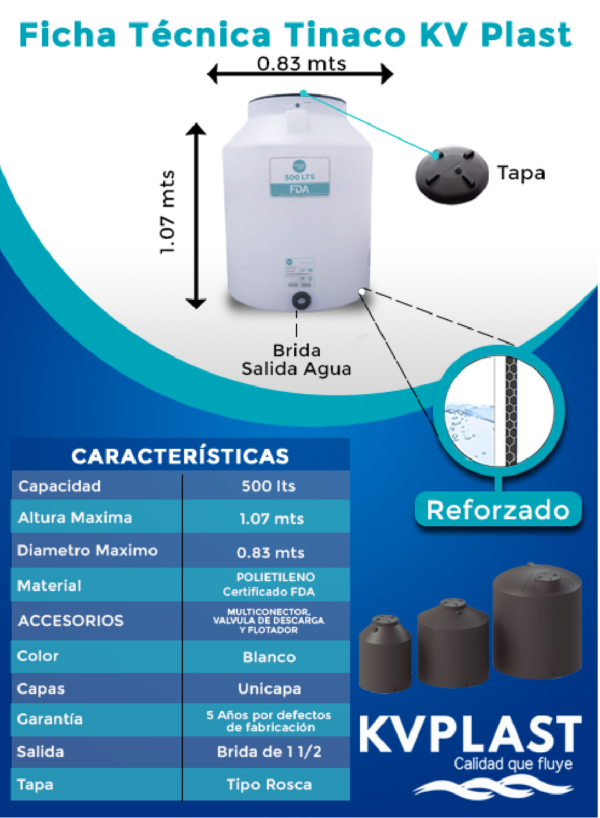 Tinaco KV PLAST 500 Litros Grado Alimenticio