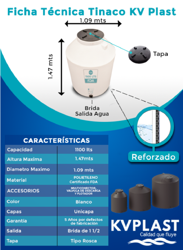 Tinaco KV PLAST 1100 Litros Grado Alimenticio